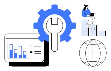 Gear and wrench highlight optimization, bar graph displays analytics, woman using laptop on chart steps, globe representing global reach. Ideal for business, analytics, strategy, tools, data growth