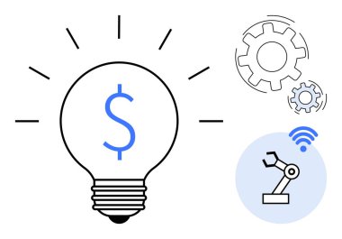 Lightbulb with dollar sign, gears in motion, robotic arm icon. Ideal for innovation, business, finance, technology, automation manufacturing industrial economy. Simple flat metaphor