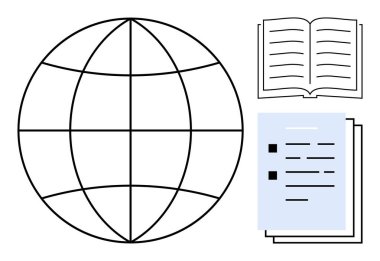 Black-and-white globe next to an open book and documents with bulleted points. Ideal for global communication, learning, education, research, documentation, publishing, simple flat metaphor