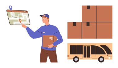 Courier holding parcel while pointing at map on tablet, delivery truck, and stack of boxes. Ideal for logistics, transport, e-commerce, delivery services, supply chain, route planning simple flat