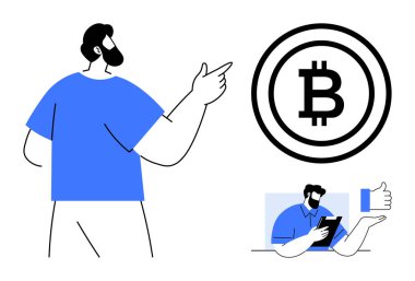 Man pointing to a bitcoin logo, tablet user showing approval with thumbs up. Ideal for cryptocurrency, finance, blockchain, investment, digital economy, fintech modern technology. Simple flat