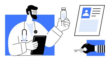 Healthcare security. Digital health solutions combining secure identity verification in medication access and patient data protection. Healthcare innovation and cybersecurity focus. For medical, tech