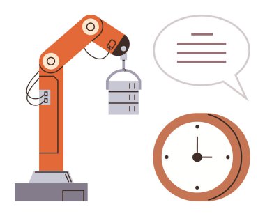 Robotic arm carrying a server rack, speech bubble with lines, and clock. Ideal for automation, data handling, technology, productivity, efficiency time management innovation ideas. A simple flat