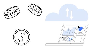 Coins, cloud with arrows illustrating data exchange, and laptop displaying analytics dashboards. Ideal for fintech, cloud computing, digital currency, analytics, technology, banking modern finance