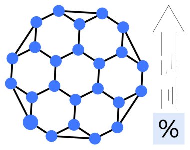 Blue geometric network structure with connected nodes, upward arrow and percentage sign. Ideal for growth, analytics, statistics, data, progress, strategy efficiency. Simple flat metaphor