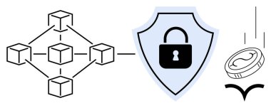 Blockchain network structure connected to a shield with a padlock for security, accompanied by a cryptocurrency coin. Ideal for digital security, cryptocurrency, blockchain, fintech, data protection