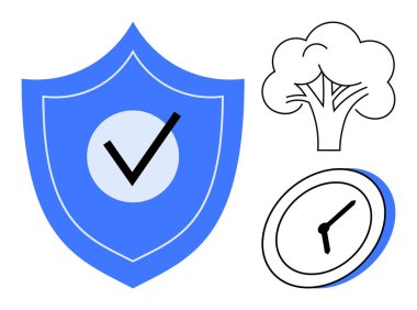 Blue shield with checkmark, clock symbolizing time, tree symbolizing nature. Ideal for security, reliability, eco-friendliness, time management, sustainability trust protection. Simple flat