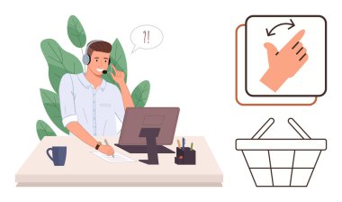 Male with headset working at desk, speech bubble, swipe gesture icon, shopping basket sketch. Ideal for customer service, communication, multitasking, e-commerce, digital interaction retail support