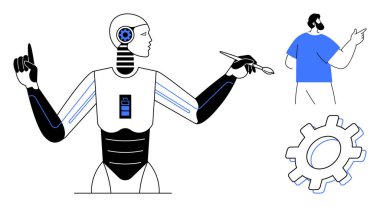 Robot holding paintbrush, gesturing with hands near man and gear. Ideal for AI, automation, robotics, creativity, human-machine interaction, future technology multitasking. Simple flat metaphor