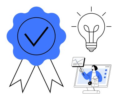 Quality assurance concept. Quality promotes trust with certification icons, paired with innovation and education elements. Quality fosters credibility in online learning and innovative solutions
