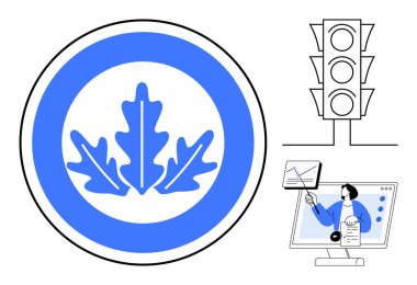 Sustainability symbol. Sustainability ed with nature icon, a traffic light indicating order and safety, and online data visualization effective communication. For eco-awareness, urban management
