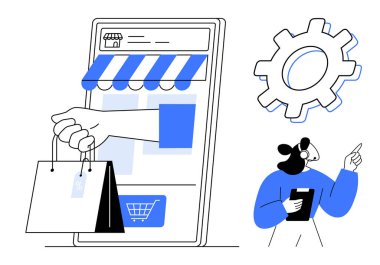 Smartphone storefront with shopping bag, cogwheel symbolizing settings, representative with tablet assisting. Ideal for e-commerce, technology, customer care, retail, marketing, innovation