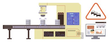Robotic arm assembling boxes on conveyor belt, safety alert triangle, data charts on monitor. Ideal for automation, manufacturing, safety compliance, technology, industry, productivity efficiency