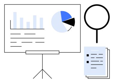 Chart screen with a bar and pie graph, documents stack, and magnifying glass. Ideal for data analysis, research, presentation, education, planning strategy and reporting concepts. A simple flat