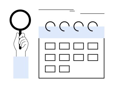 Magnifying glass analyzing a calendar with highlighted dates and spiral rings. Ideal for time management, scheduling, planning, search, organization, productivity, and agenda review. Simple flat