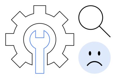 Maintenance concept. Gear, wrench, and magnifying glass symbolize maintenance and troubleshooting challenges. Maintenance simplifies problem-solving processes and system repairs. For tools