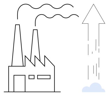 Factory with two smokestacks emitting fumes, adjacent to an upward arrow symbolizing growth. Ideal for industry, environment, economy, progress, pollution, business growth, simple flat metaphor