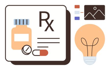 Medication bottle, tablets, capsule alongside RX prescription symbol and bright light bulb. Ideal for healthcare, innovation, pharmacy, wellness, medical technology, creative thinking education