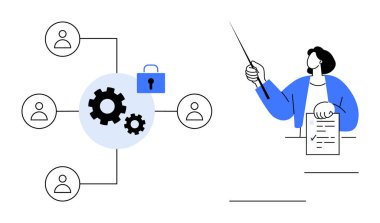 Gears connecting team members, highlighting collaboration. Lock symbolizes security. Business leader provides guidance with a document and pointer. Ideal for teamwork, workflow, security, leadership