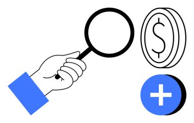 Financial analysis. A hand holding a magnifying glass, a dollar coin, and a plus sign financial growth, investment opportunities, or money management. Great for finance, business, banking economics