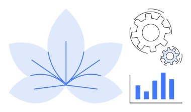 Flower with minimalist blue petals, two interlocked gears, and bar graph. Ideal for sustainability, innovation, progress, technology, analytics nature integration and balance. A simple flat