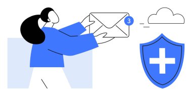 Woman holding envelope with notification, connected to cloud and shield with cross. Ideal for communication, data privacy, cybersecurity, email security, online safety, cloud storage, technology