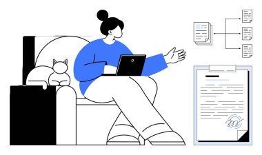 Woman working on laptop, gesturing while discussing tasks, clipboard with signed document, and a cat lounging. Ideal for remote work, organization, home office, productivity, workflow telecommuting