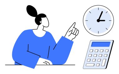 Woman gesturing towards a clock, calculator nearby, emphasizing productivity, prioritization, and focus. Ideal for time management, scheduling, task organization, planning efficiency deadlines