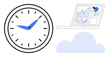 Analog clock beside a cloud and a laptop displaying analytics charts. Ideal for productivity, time efficiency, data analysis, digital tools, cloud computing, scheduling, simple flat metaphor