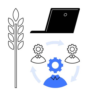 Wheat stalk, laptop, human icons with gears connected by arrows represent teamwork, technology, and efficiency in agriculture. Ideal for farming, sustainability, automation, productivity innovation