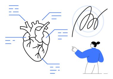 Annotated heart diagram with highlighted details, gesturing woman pointing at abstract scribble. Ideal for medical science, anatomy, health education, conceptual studies, diagnostics, creativity, art