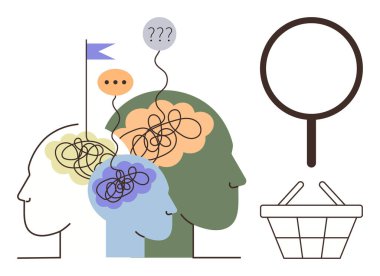 Three silhouettes with tangled lines in heads, speech bubbles, magnifying glass, and basket. Ideal for decision-making, clarity, collaboration, mental health, conflict resolution education