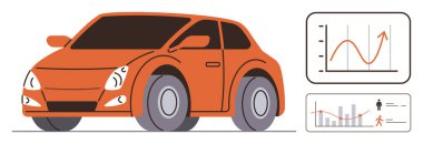 Orange car alongside graphs showing trends, growth, and user stats. Ideal for automotive, business, technology, data analysis, transportation performance and innovation. Simple flat metaphor