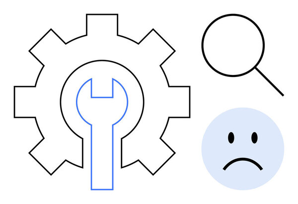 Maintenance concept. Gear, wrench, and magnifying glass symbolize maintenance and troubleshooting challenges. Maintenance simplifies problem-solving processes and system repairs. For tools