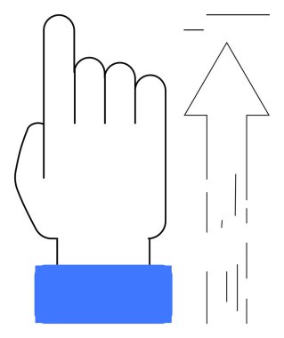 Hand with raised index finger next to upward arrow, representing progress, growth, success, goal achievement. Ideal for business, career, motivation direction innovation leadership. Simple flat