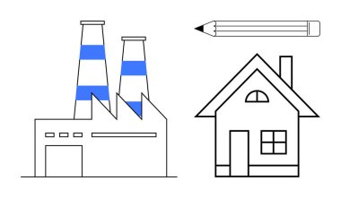 Factory with chimneys, simple house, and pencil symbolizing industrial progress, creativity, and household sustainability. Ideal for business, architecture, design, environmental impact urban
