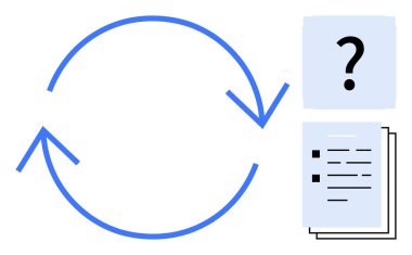 Circular arrows imply cyclical processes, checklist for tasks, and question mark representing uncertainty. Ideal for workflow, organization, planning, strategy, problem-solving, questions process