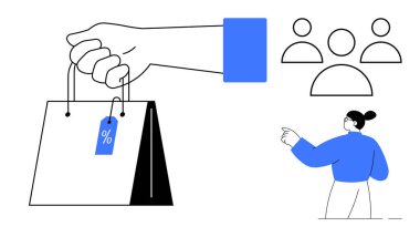 Hand carrying shopping bag with sale tag, person in blue sleeve pointing at group of simplified user icons. Ideal for retail, ecommerce, marketing, sales, teamwork, leadership connection. Simple