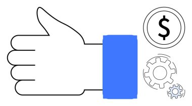 Hand giving thumbs up, dollar sign in circle, and spinning gears. Ideal for teamwork, efficiency, business growth, success, reward problem-solving achievement. A simple flat metaphor