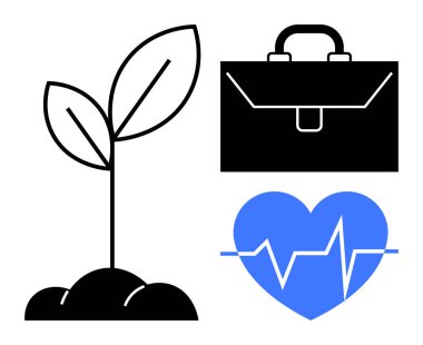 Plant sprout with soil, heartbeat symbol, and briefcase illustration. Ideal for sustainability, growth, wellness, business, balance innovation career goals. Simple flat metaphor