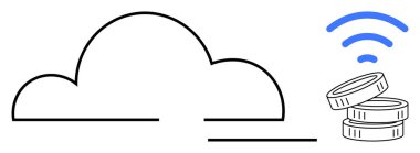 Simplistic cloud with stacked coins and blue wireless signals illustrating online finance, savings, payments, and digital growth. Ideal for tech, banking, e-commerce, fintech, savings strategy