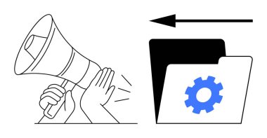 Communication and data management. Communication with a megaphone icon and data management as a folder with a gear symbol. Communication tools for workspace and information exchange, collaboration