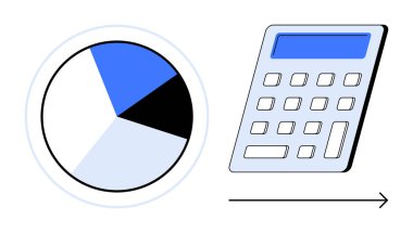 Pie chart with three segments alongside a calculator and arrow evoking analysis, budgeting, planning, financial reports, cost management, accounting, and education. Simple flat metaphor