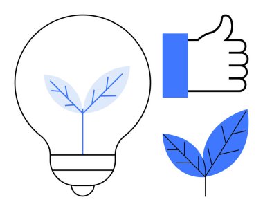 Sustainable energy concept. A glowing lightbulb with leaves renewable energy. Leaves and thumbs up signify sustainability and eco-friendly solutions. For green energy, environmental awareness
