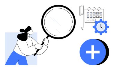 Data analysis concept. Data analysis with a magnifying glass, calendar, and gear icon for task management. Data analysis for organization, planning, productivity, research, workflow optimization
