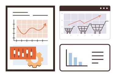 Data charts, shopping cart analysis, progress graphs, and technical settings for e-commerce optimization. Ideal for business, marketing, analytics, sales, growth strategy decision making simple