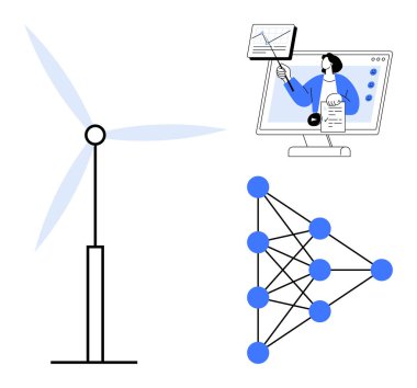 Renewable energy concept. Renewable energy, ed by a wind turbine, is paired with artificial intelligence connections and digital learning visuals. Renewable for tech, sustainability, energy sectors