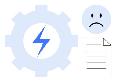 Power outage concept. Symbols energy disruption with a lightning bolt, sad face, and document linking power outages to impact, workflow delays, and problem-solving efforts. Ideal for energy crisis