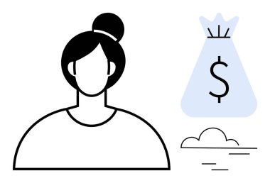 Female outline icon next to a money bag with dollar symbol and cloud, representing financial success, women in business, wealth planning. Ideal for finance, business, gender equality, investment