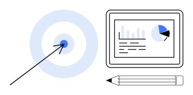 Target hit by arrow alongside tablet with analytics chart and pencil. Ideal for business, planning, strategy, analytics, goal setting, data insight, focus. Simple flat metaphor